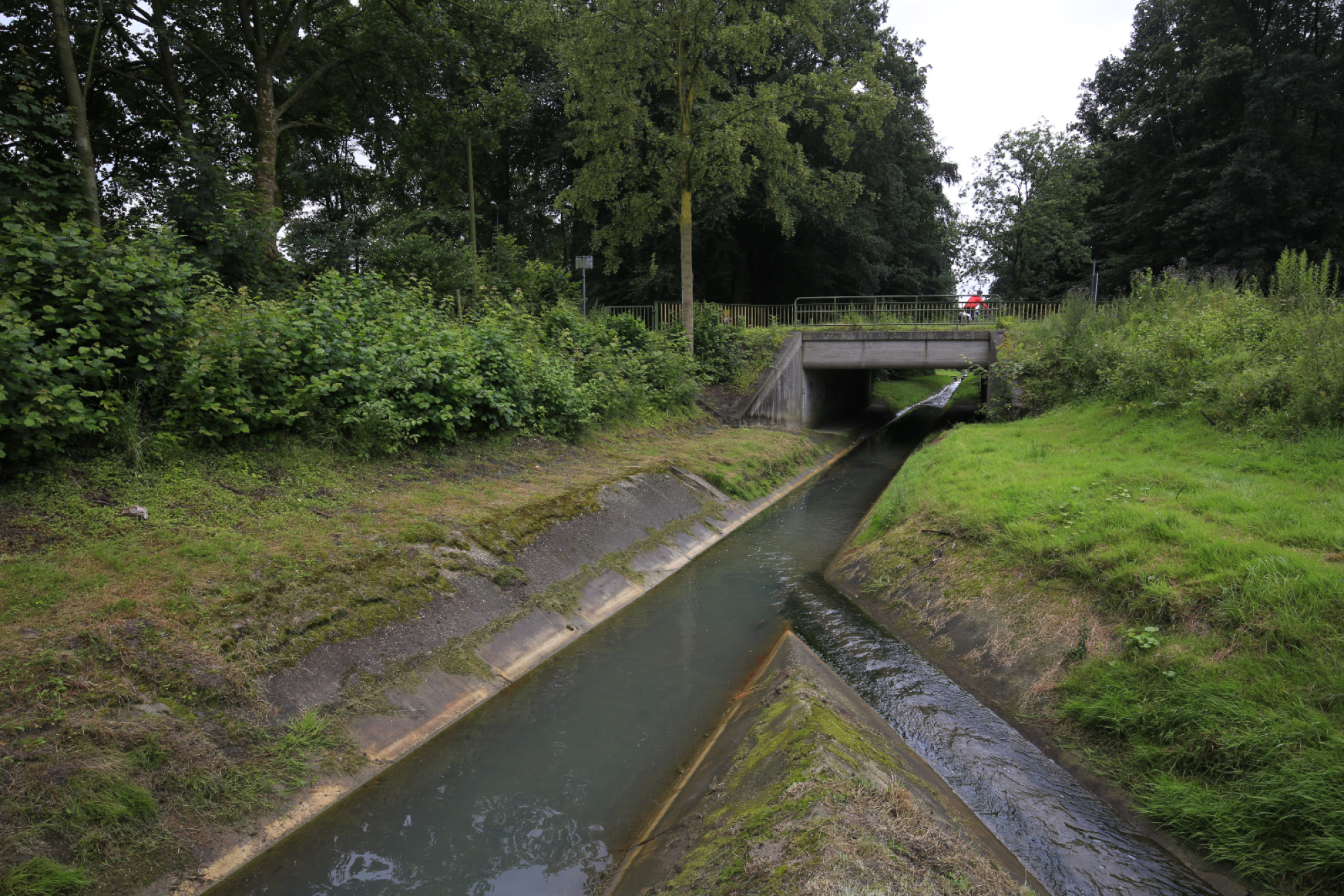 Das alte Hellbach-System: Der Breuskes Mühlenbach (re.) mündet in den Hellbach. Vor der Abwasserfreiheit und der Renaturierung dominierten Betonbauteile das technisch überformte und naturferne Gewässerbild. 